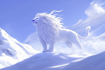 Majestic white lion standing on snowy mountain blue sky