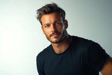 Wall Mural - A handsome man in a casual black T-shirt is illuminated by bright studio lights, with a seamless white background.