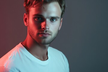 Wall Mural - A handsome man in a plain white T-shirt is bathed in vibrant studio lighting, with a clean gray background.