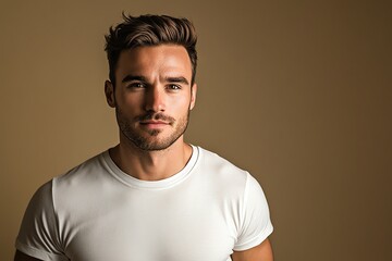 Wall Mural - A handsome man in a white T-shirt is illuminated by studio lighting, with a simple gray background.