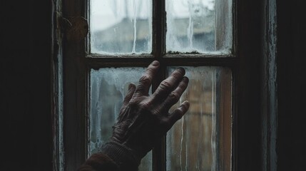 A view of a window featuring two hands with one hand grasping a door handle