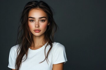 Wall Mural - A stunning young woman in a white T-shirt poses confidently under studio lighting, with a seamless gray backdrop.