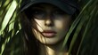 © WINGGOD - Close-up of a woman with a cap angled to the side, partially obscuring her face, in a forest setting