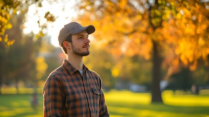 Man standing in a park wearing a cap shifted sideways on his face, giving a playful expression under natural lighting