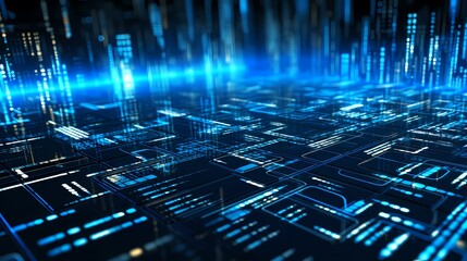 Futuristic digital cityscape with glowing lines and data servers