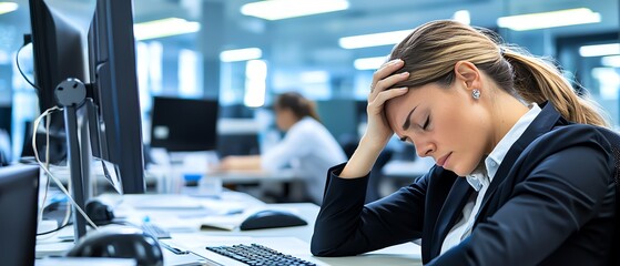 A stressed woman in a professional setting holds her head in frustration while working at a computer amidst a busy office environment.