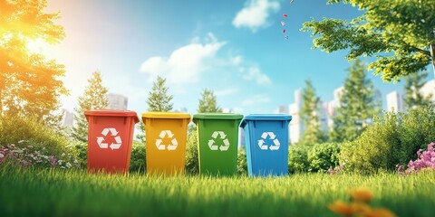 4 colorful trash cans with recycling symbols on them in the middle of an outdoor park, green grass and trees around, bright sunny day