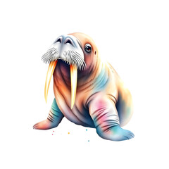 watercolor style illustration of beautiful walrus, high detailed, isolated on white background. Generative AI