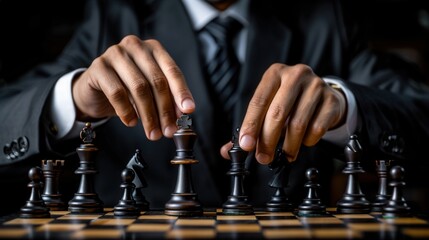 A man in a suit is playing chess with a black and white board