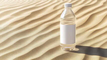 Clear plastic bottle with blank white label, set on a sandy background for a beach-inspired concept