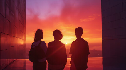 Wall Mural - Three people standing in front of a building with a sunset in the background