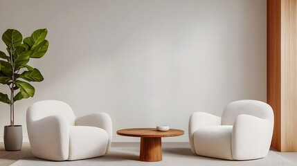 Aufkleber - Boucle lounge chairs and a cozy sofa set in a spacious classic room with minimalist interior design showcasing a clean airy and sophisticated living space
