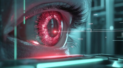 Poster - A close-up view of a human eye illuminated with a striking red glow, surrounded by digital patterns and interfaces.