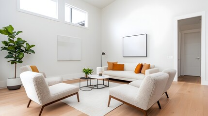 Aufkleber - Tranquil and inviting modern living room featuring boucle lounge chairs plush sofa and minimalistic yet sophisticated decor elements captured in a wide angle perspective