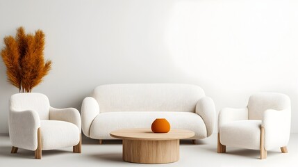 Aufkleber - Spacious and elegant classic style room featuring plush boucle lounge chairs and a luxurious sofa showcasing a minimalist and modern interior design aesthetic with a wide angle perspective