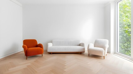 Aufkleber - Spacious and Elegant Classic Room with Boucle Chairs and Luxurious Sofa Showcasing a Minimalist Aesthetic and Modern Interior Design