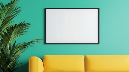 Aufkleber - Spacious and inviting Scandinavian inspired living room featuring a vibrant yellow sofa teal accent wall and minimalist poster frame against a wide angle bright and airy interior design