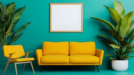 Aufkleber - Bright and modern Scandinavian inspired living space featuring a bold yellow sofa and chair teal accent wall and minimalist poster frame decor  Captured in a wide angle for a spacious