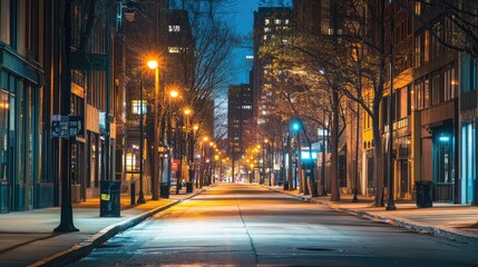 Wall Mural - A deserted urban street at night, illuminated only by the glow of streetlights with empty sidewalks stretching into the distance