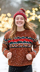 Wall Mural - A woman wearing a red and green hat and a brown sweater with a snowflake pattern