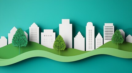 Leinwandbilder - Layered paper cut style 3D cityscape featuring a modern urban landscape with buildings trees and other architectural elements arranged in a dimensional