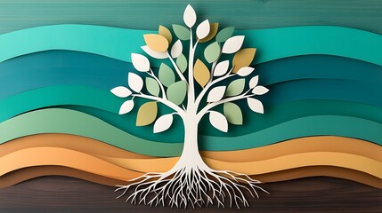 Poster - Elegant and Minimalist 3D Paper Cut Tree with Layered Branches and Roots Symbolizing the Concepts of Growth Connection and Nature s Beauty