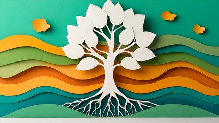 Poster - Layered 3D paper cut tree with intricate roots and branches creating a visually striking and conceptual representation of growth connection and the natural world