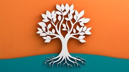 Poster - Layered 3D papercut tree sculpture with intricate roots and branches designed to symbolize the concepts of growth interconnectedness and environmental sustainability