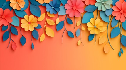 Poster - Captivating abstract 3D paper cut floral pattern featuring vibrant petals and leaves layered in soft gradient hues creating a modern minimalist and visually striking design