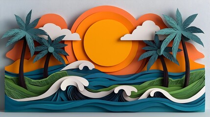 Poster - Tranquil Layered 3D Paper Cut Tropical Island With Palm Trees Waves and a Sunset Creating a Relaxing Vacation Vibe and Serene Landscape