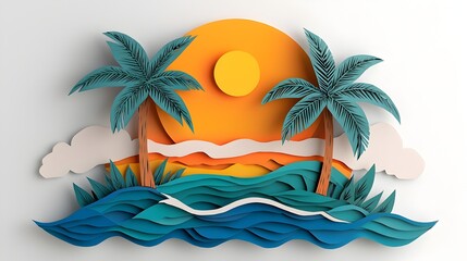 Poster - Layered 3D paper cut artwork depicting a tropical island scene with palm trees crashing waves and a vibrant sunset creating a relaxing and serene vacation vibe