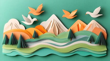 Poster - Ethereal 3D Clay Birds Soaring Over Layered Paper Cut Landscape With Mountains Rivers and Trees   A Serene and Conceptual Outdoor Nature Scene