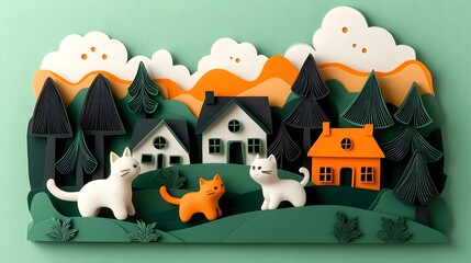 Poster - Whimsical 3D clay figurines of playful cats and dogs in a layered paper cut neighborhood scene with charming houses and trees showcasing a creative imaginative and handcrafted design
