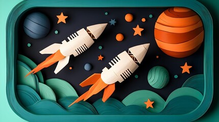 Aufkleber - Stunning digital of 3D clay spaceships zooming through a layered papercut galaxy filled with stars planets and asteroids creating a captivating futuristic and cosmic scene