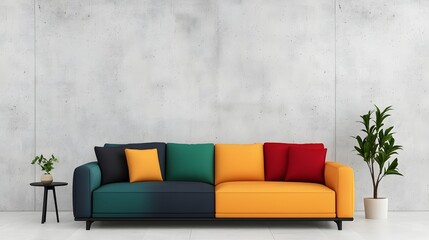 Poster - Minimalist and Airy Living Room Design with Plush Sectional Sofa Bold Color Scheme and Smooth Concrete Feature Wall Offering a Wide Landscape Perspective