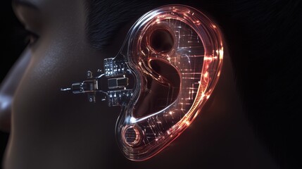 Aufkleber - A close-up of a human ear with a transparent, glowing, digital ear attached to it. The digital ear has a complex, circuit-board design and emits a warm, orange light.