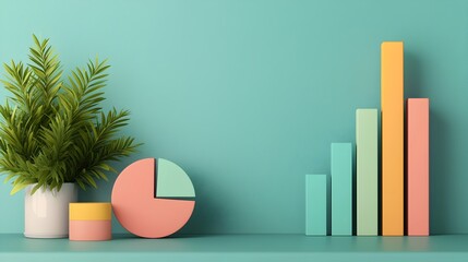 Fototapete - Visually engaging 3D data visualization infographic components in a soothing pastel color palette including bar charts pie graphs and line plots designed for a modern office desk backdrop