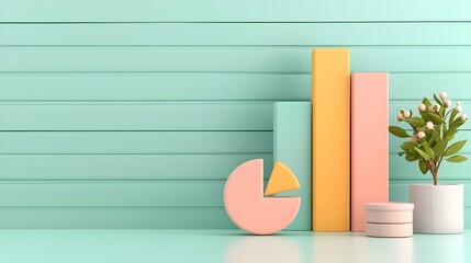Poster - Whimsical pastel colored 3D bar charts pie graphs and line plots engaging data presentation with shadowy depth precisely crafted infographic components on a sleek office desk backdrop