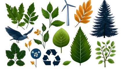 Poster - Earthy Eco Friendly Icon Collection with Organic Leaf and Plant Motifs for Environmental Activism and Renewable Energy Symbols  Hand drawn style with a warm