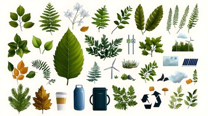 Poster - Ecology Icon Collection featuring organic leaf and plant motifs renewable energy symbols such as solar wind and recycle graphics in an earthy tone color scheme presented in a hand drawn style