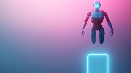 Leinwandbilder - Polygonal Blue Robot Hovers Above Luminous Neon Portal Exuding Futuristic Technological Innovation and Visionary Digital Aesthetic
