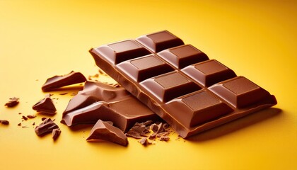 Wall Mural - Broken chocolate bar on a yellow background