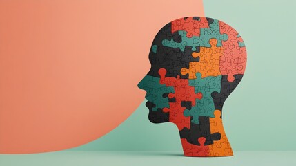 Poster - Fragmented human head constructed from puzzle pieces visualizing the complex themes of mental health wellness and self awareness in a conceptual digital design