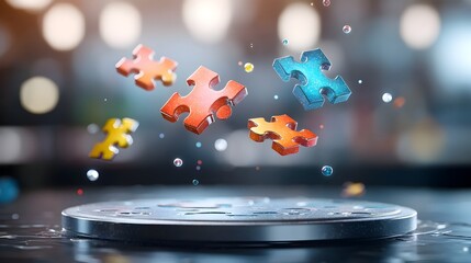 Leinwandbilder - Mesmerizing digital artwork featuring colorful puzzle pieces suspended in mid air creating a dynamic and visually striking abstract composition that inspires creativity and imagination