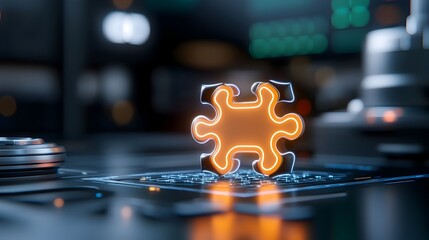 Fototapete - Futuristic abstract design featuring a puzzle like arrangement of glowing neon geometric pieces interlocking to form a high tech visually striking image set against a dark minimalist background