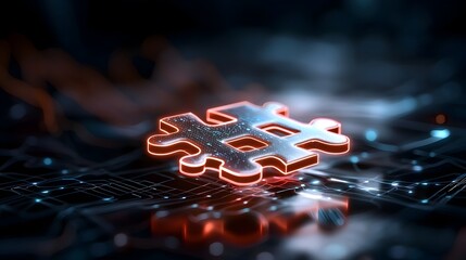 Fototapete - A futuristic digital art composition featuring a visually captivating puzzle design with glowing neon like pieces interlocking to form a dynamic high tech abstract image set against a dark
