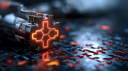 Poster - Futuristic puzzle design with glowing neon pieces interlocking to create a high tech abstract image set against a dark background  Showcasing a modern