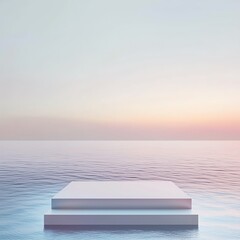 Serene platform over calm water at sunset, soft colors, peaceful ambiance.