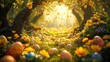 © Junior - A joyous spring festival with families and friends gathered in a vibrant garden, celebrating with flower garlands, painted eggs, and playful games. The scene captures the renewal of life and