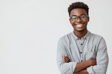 Wall Mural - Happy Young Man Smiling with Confidence Against White Background